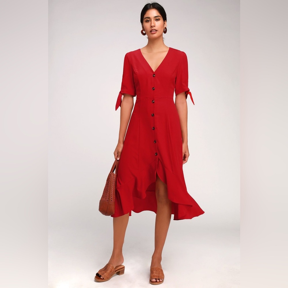 Gemma Red Button Front Tie Sleeve Ruffled Midi Dress